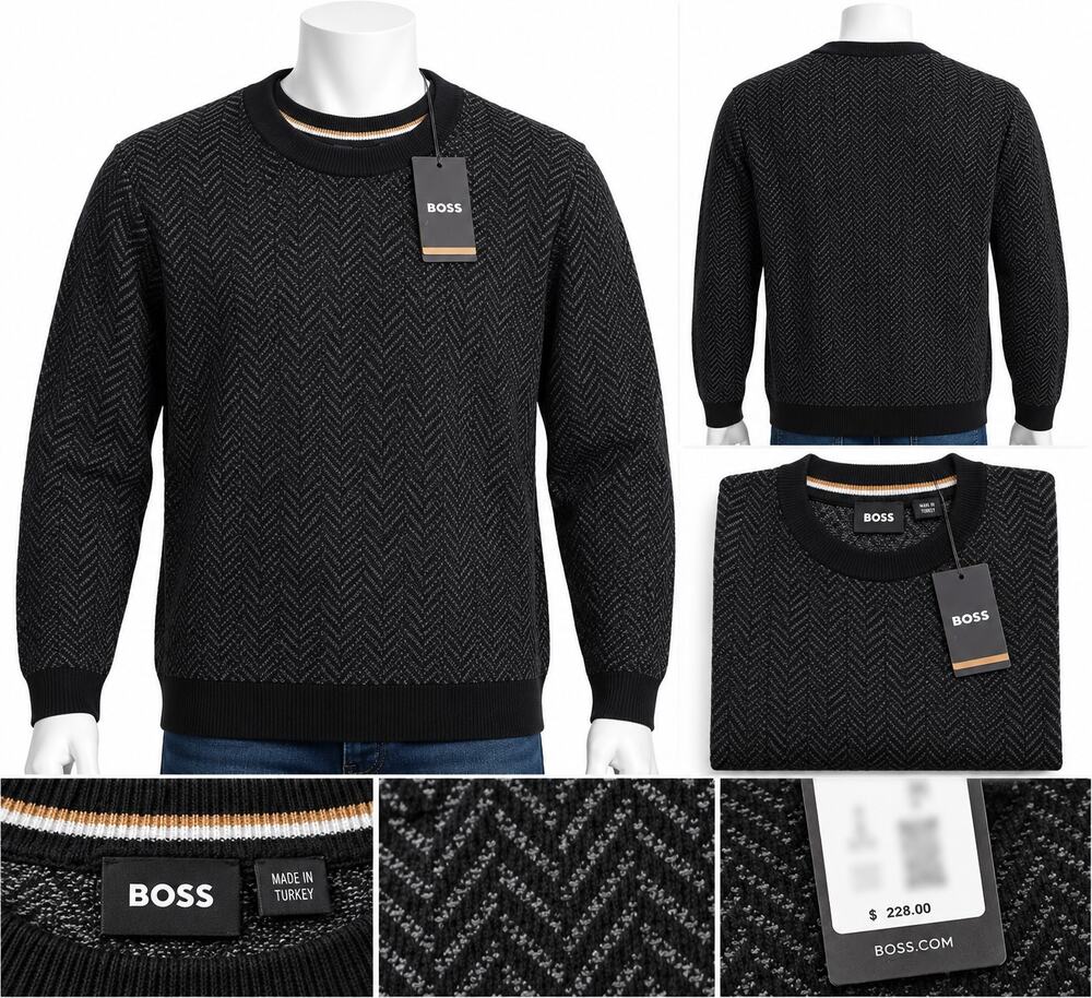 BOSS Men’s Black Patterned Crewneck Sweater